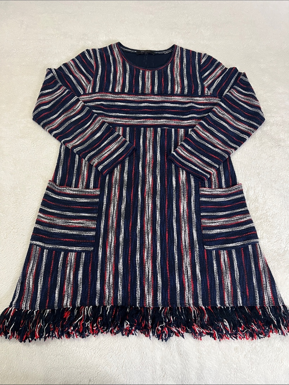 BCBGMaxAzria "Kathy" blanket-weave striped dress feat textured navy, red, white
